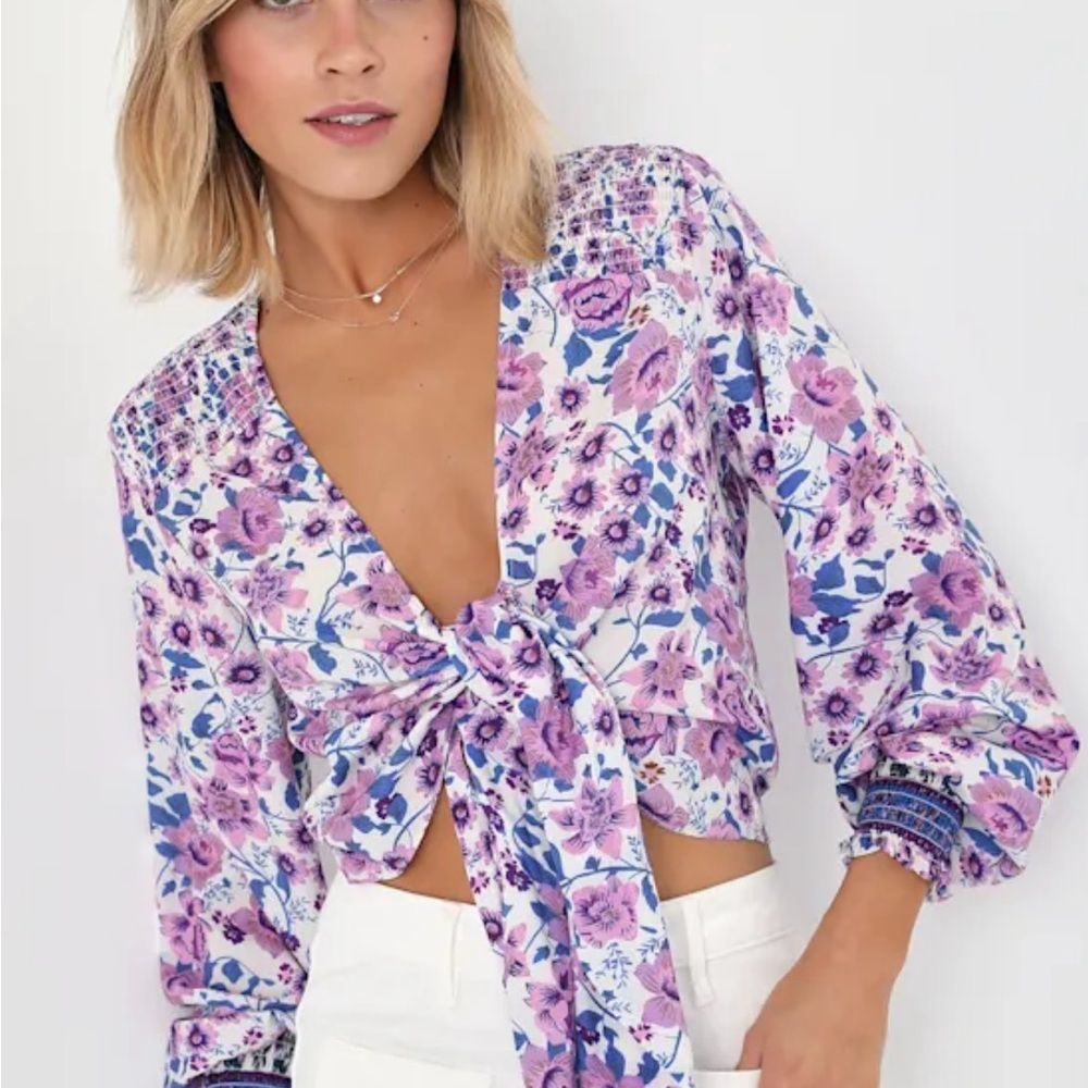 Lulu's Lavender Floral Tie-Front Crop Top